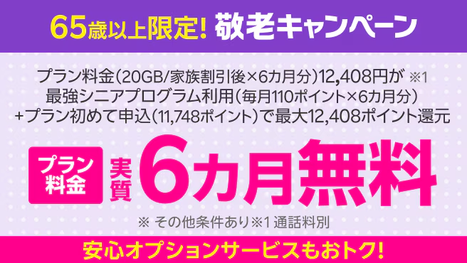 65歳以上なら敬老キャンペーンで月々の利用がお得に