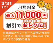 3/31まで！月額料金最大11000円割引でおトクに！※詳細はオペレーターへお問い合わせください。※BIGLOBE / So-netプロバイダでご契約の場合