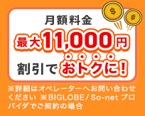月額料金最大11000円割引でおトクに！※詳細はオペレーターへお問い合わせください。※BIGLOBE / So-netプロバイダでご契約の場合