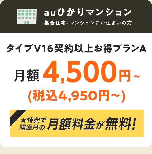 タイプV16契約以上お得プランA 月額4,500円(税込4,950円)〜 特典で開通月の月額料金が無料!
