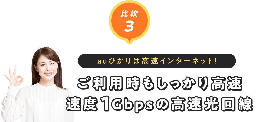 比較3 auひかりは高速インターネット! ご利用時もしっかり高速 速度1Gbpsの高速光回線