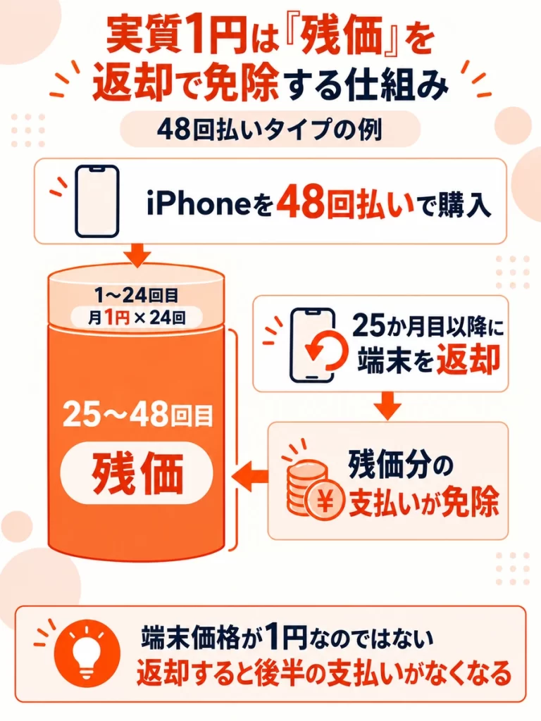 実質1円は48回払いの後半の残価を返却で免除する仕組みであることを示した図