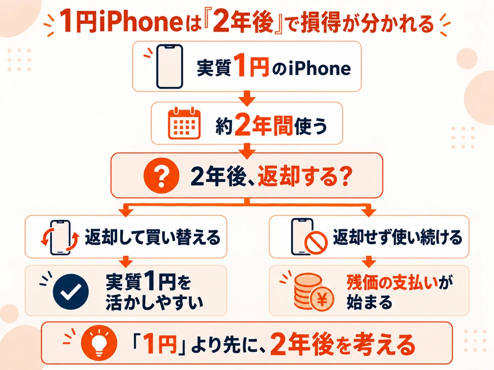 1円iPhoneは2年後に返却するかどうかで損得が分かれることを示した図