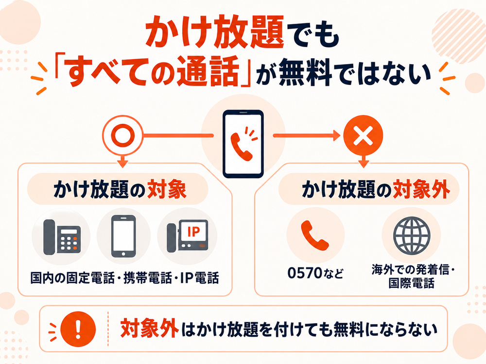 ahamoのかけ放題は国内の固定電話・携帯電話・IP電話が対象で、0570などや海外での発着信・国際電話は無料にならない。