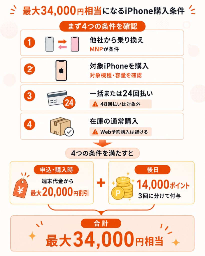 三木谷キャンペーンとiPhone割引で最大34,000円相当になる購入条件
