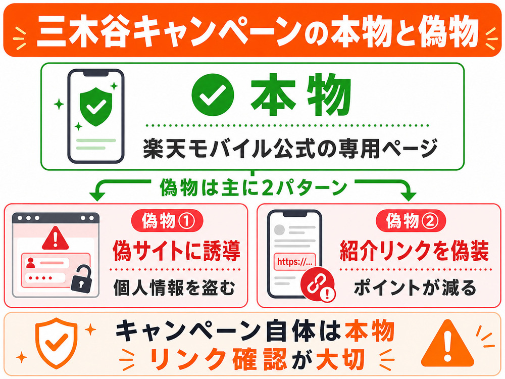 三木谷キャンペーンの本物と偽物2パターンの全体像を示した図