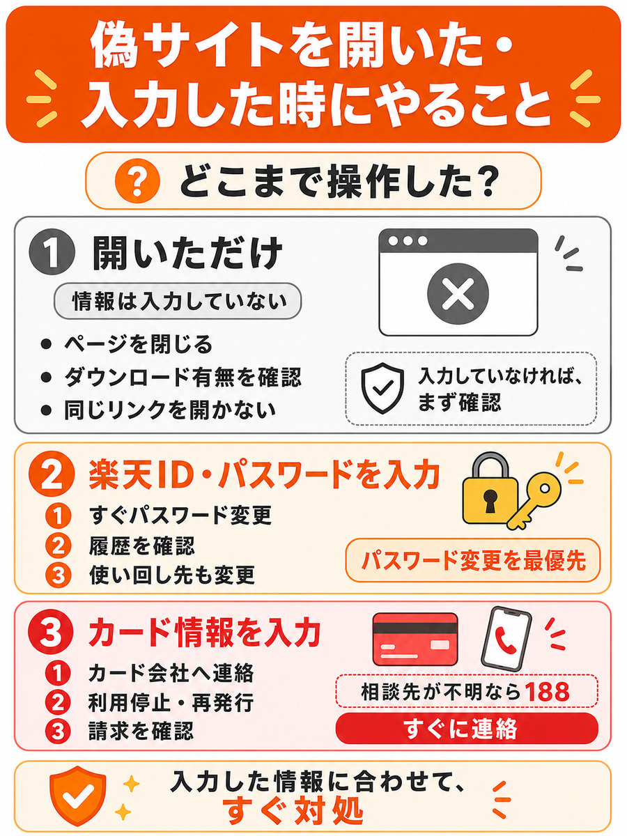 三木谷キャンペーンの偽物サイトに情報を入力してしまった時の対処法を示した図