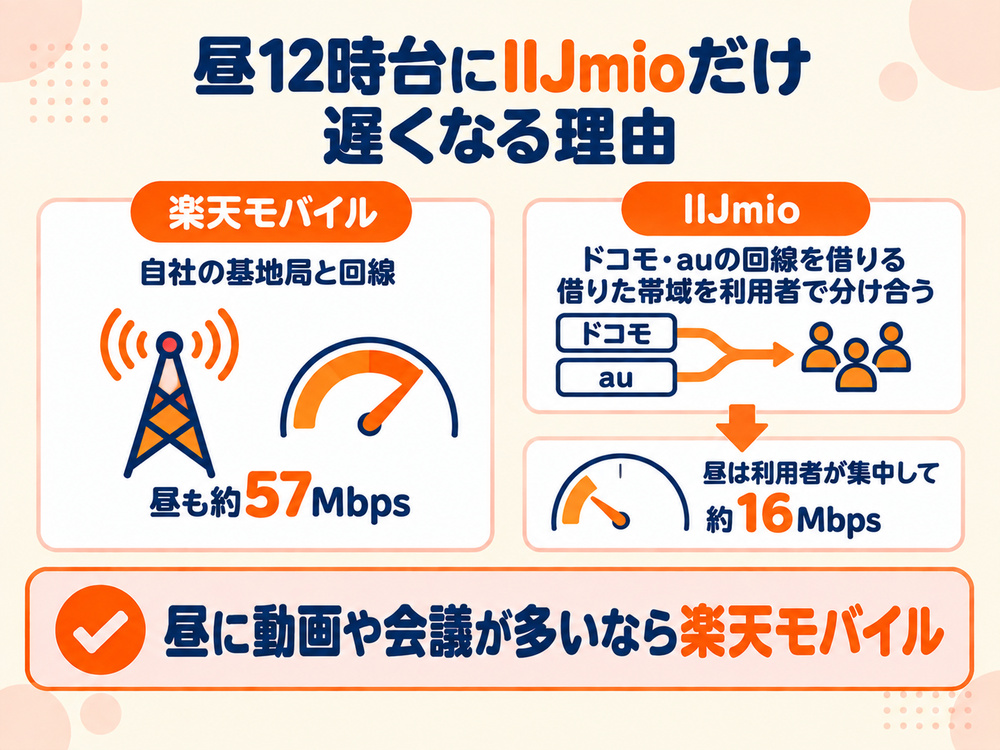 自社回線の楽天モバイルと、借りた回線を分け合うIIJmioで、昼12時台の速度に差が出る仕組みの図