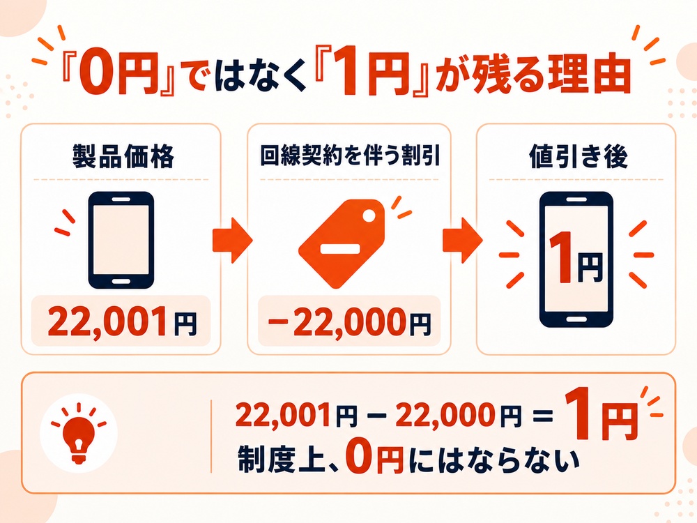 製品価格22,001円から22,000円を割り引くと1円が残り、楽天モバイルの1円端末が0円にならない仕組みを示した図。
