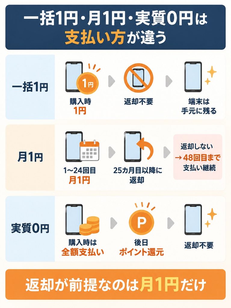 一括1円は買い切り、月1円は25カ月目以降の返却が前提、実質0円は購入後のポイント還元という違いを示した図。
