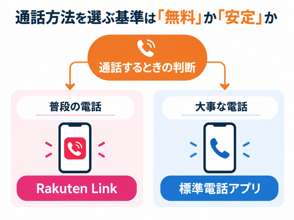 楽天モバイルでは通話相手や重要度によってRakuten Linkと標準電話アプリを使い分ける
