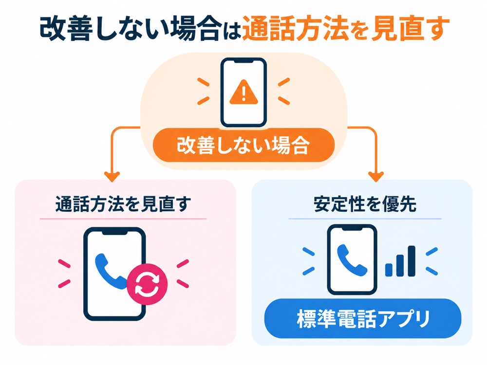 楽天モバイルの通話品質が改善しない場合は通話方法を変更する判断基準を示した図解

