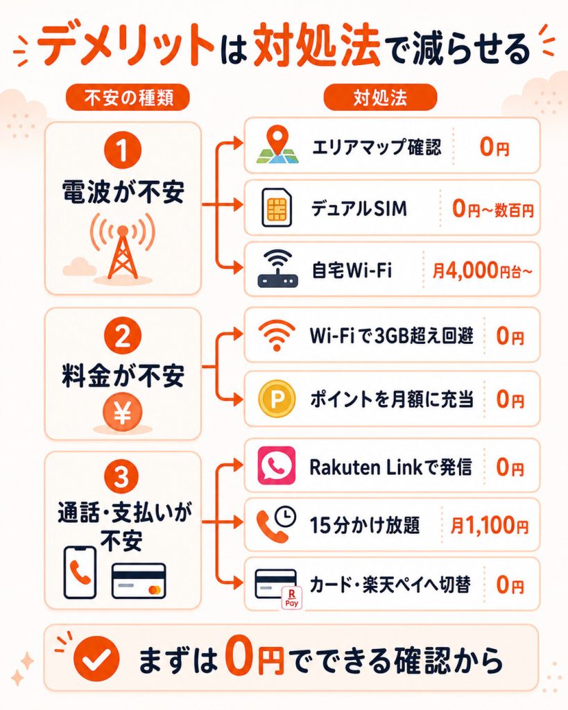 楽天モバイルの電波・料金・通話・支払いに関する不安と対処法を整理した図