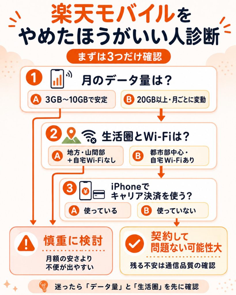 楽天モバイルをやめたほうがいい人と契約して問題ない人を、データ量・生活圏・iPhoneのキャリア決済利用状況で診断する図