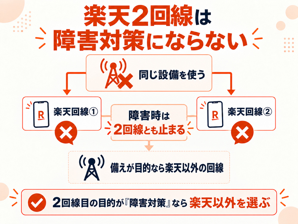 楽天モバイルを2回線契約しても同じ設備を使うため通信障害時は両方止まり障害対策にならない図解
