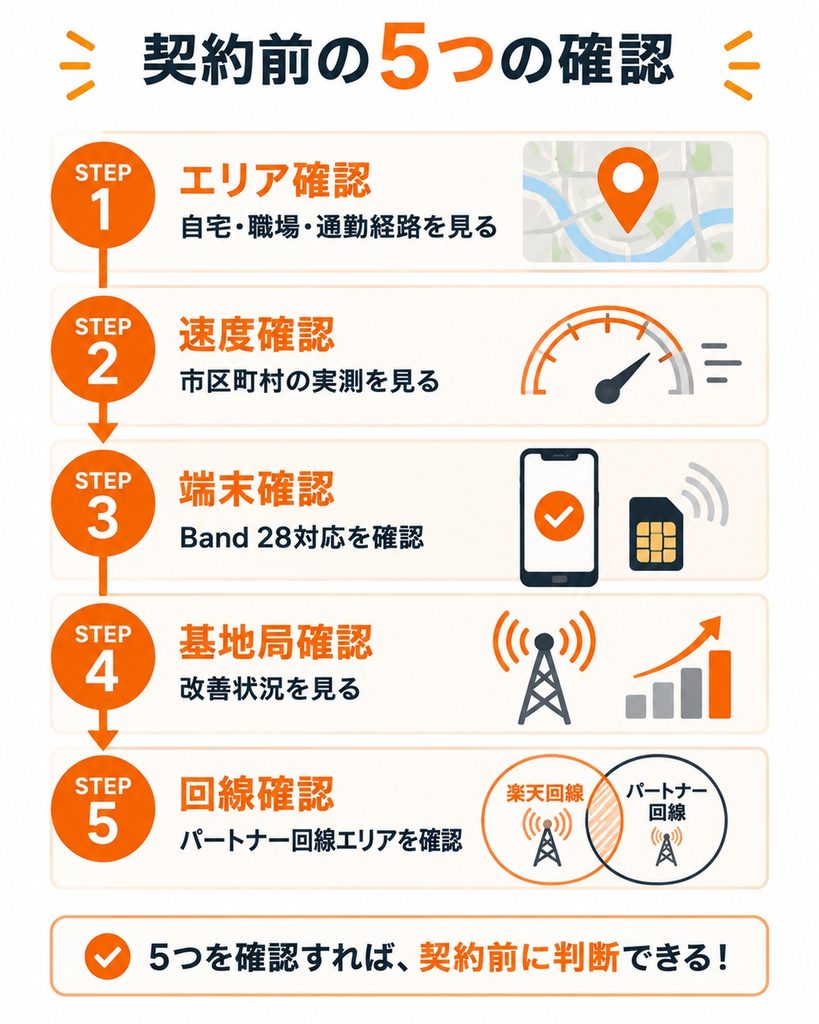 楽天モバイル契約前はエリア、速度、端末、基地局、回線状況を順番に確認すると判断しやすい