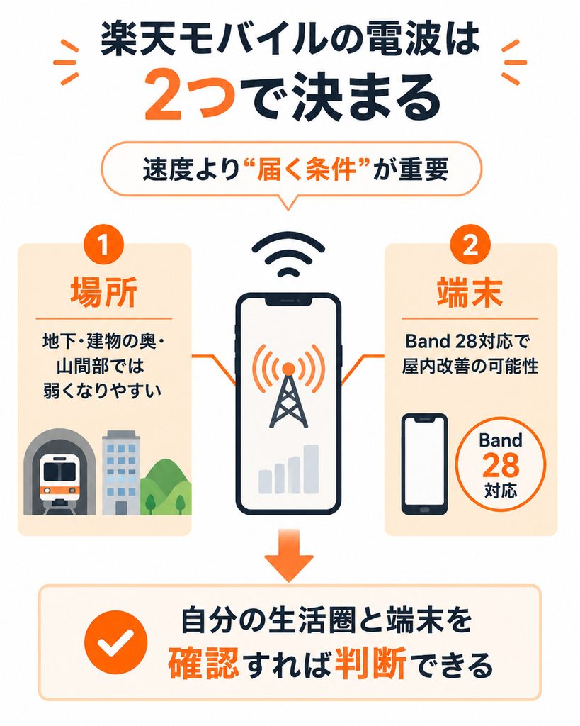 楽天モバイルの電波状況は利用場所と端末の対応状況を確認して判断できる