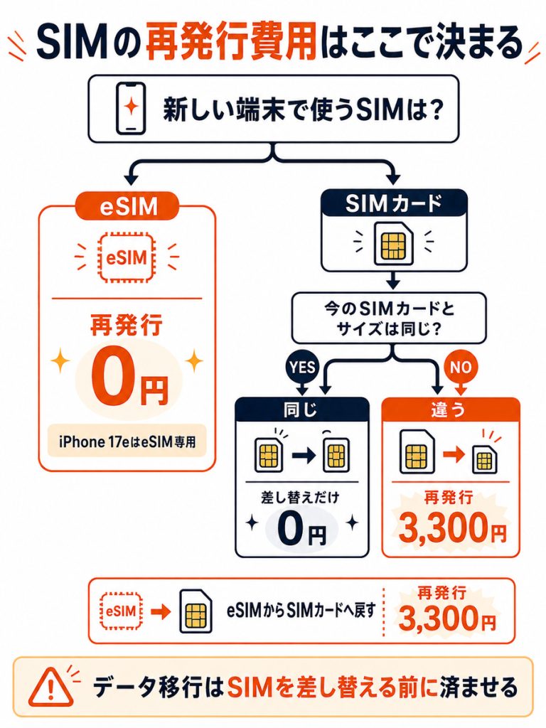 楽天モバイル機種変更時のSIMとeSIMの再発行費用を、eSIM、同サイズのSIMカード、サイズ違いのSIMカードなどの条件ごとに分岐で示した図解