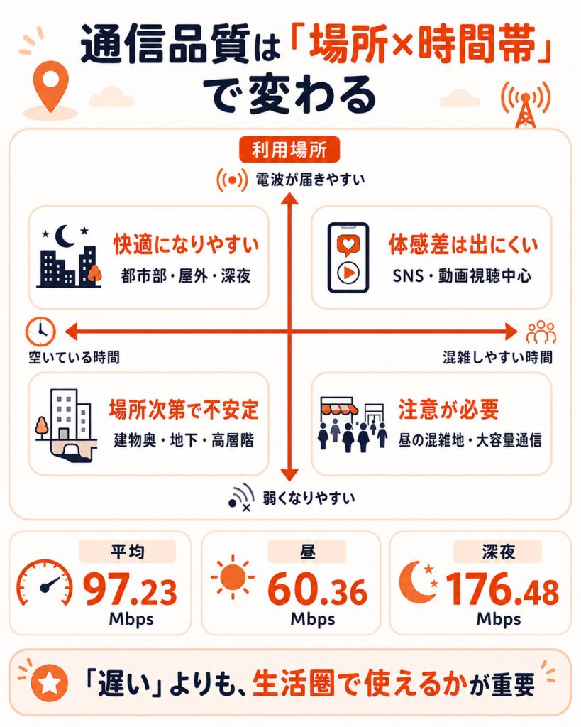 楽天モバイルの通信品質が利用場所や時間帯によって変わることを、速度の実測値とあわせて整理した図