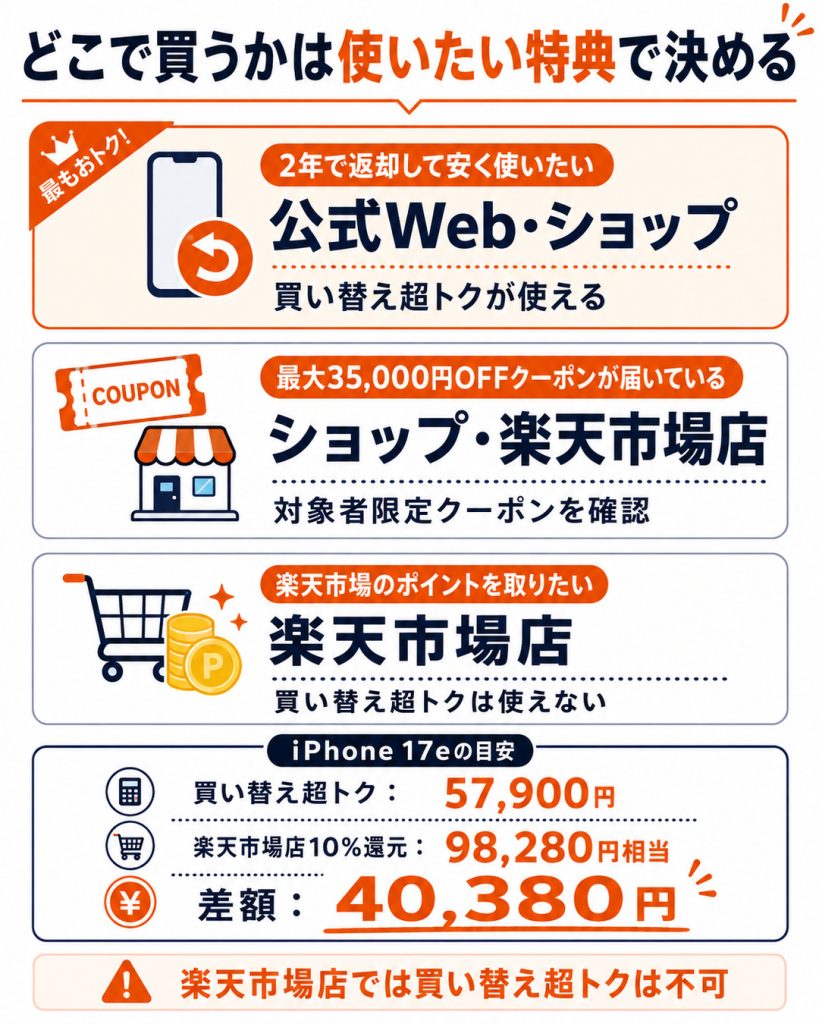 楽天モバイルの機種変更で、公式Web・ショップ・楽天市場店のどこで買うべきかを、使いたい特典ごとに整理した図解
