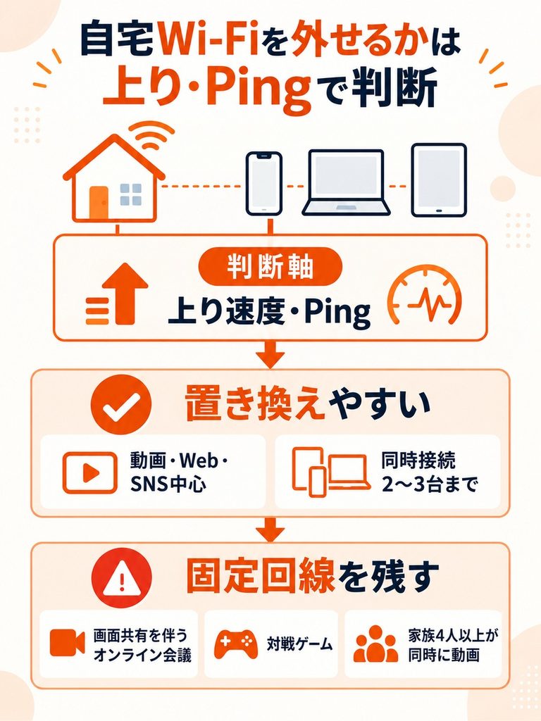 動画やWeb中心で同時接続が2〜3台までなら固定回線を置き換えやすく、オンライン会議や対戦ゲーム、家族4人以上の同時利用では固定回線を残す判断軸を示す図