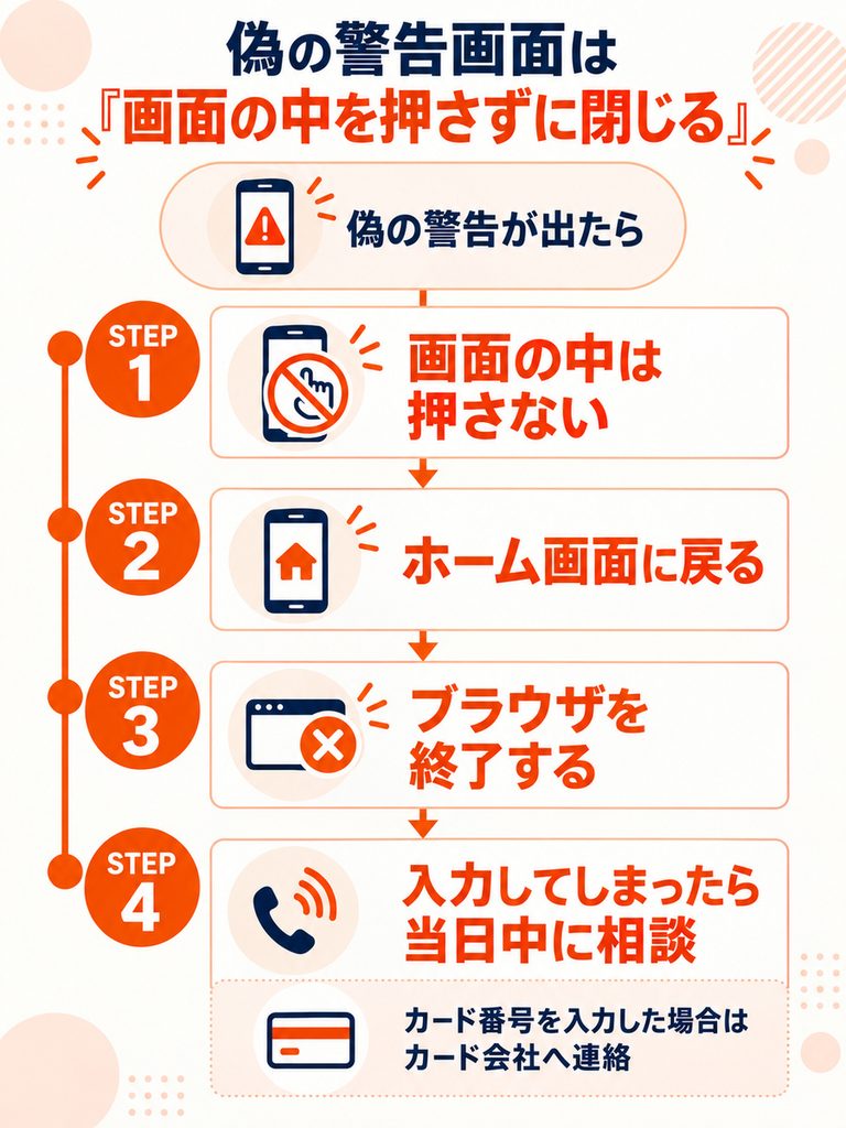 ウイルス感染や当選を装う偽警告では画面内を押さず、ホームに戻ってブラウザを終了し、入力済みなら当日中に相談する手順を示す図。
