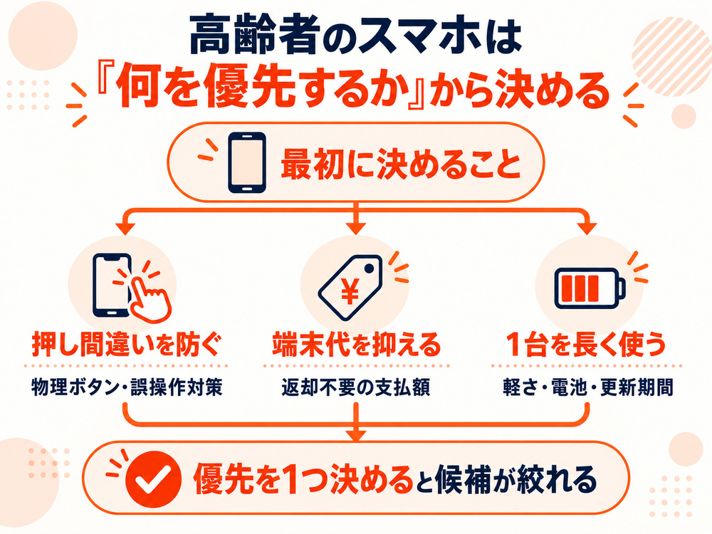 押し間違い、端末代、長く使えることのどれを優先するかで、高齢者向けスマホの候補を絞る考え方を示す図。