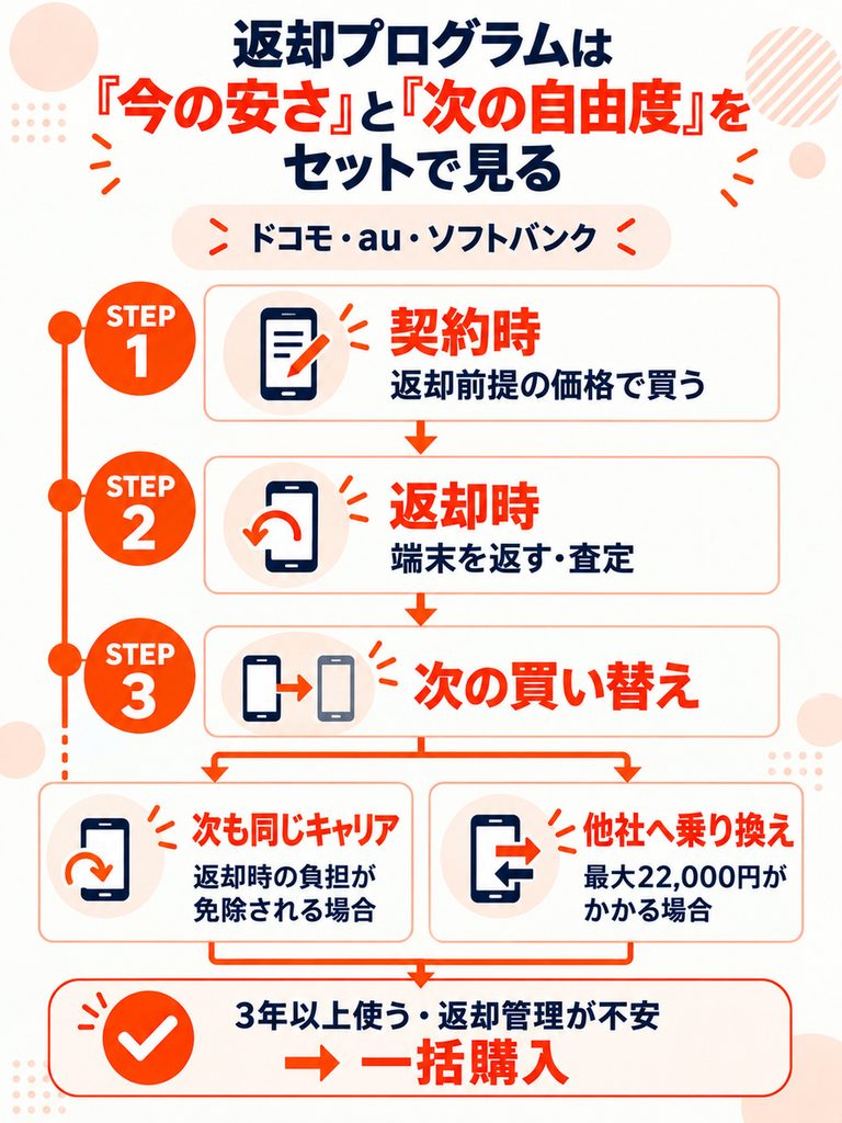 端末購入プログラムでは契約時だけでなく返却と次の買い替えまでつながり、他社へ乗り換えると最大22,000円の負担が生じる場合があることを示す図。