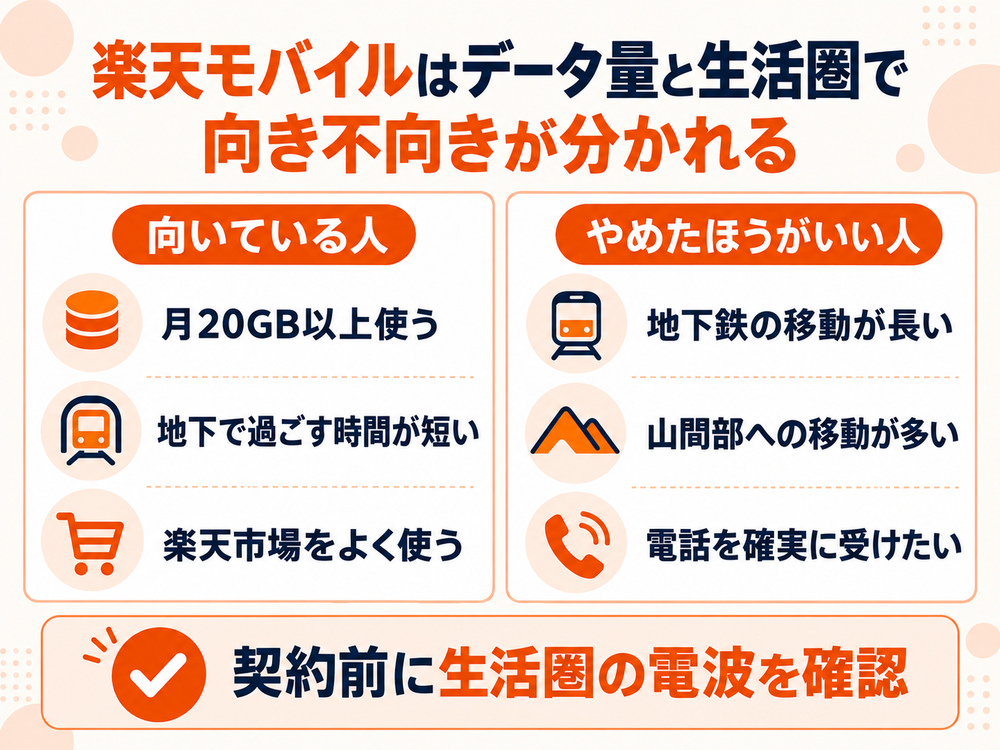 楽天モバイルはデータ使用量が多く地下にいる時間が短い人に向き、地下鉄や山間部での通信、確実な電話を重視する人には向きにくい。
