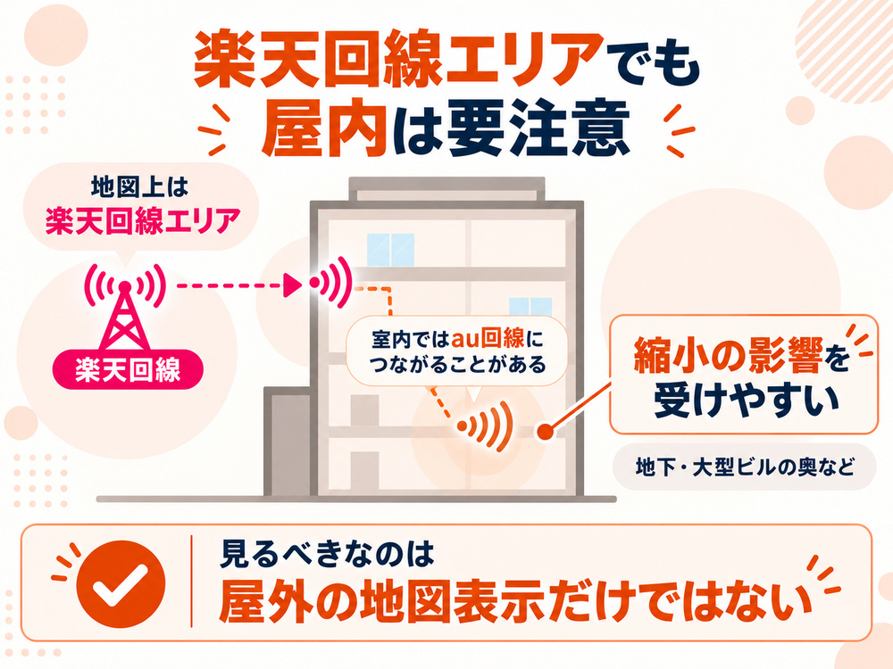 地図上は楽天回線エリアでも、屋内ではau回線につながることがあり縮小の影響を受けやすい場所を示した図