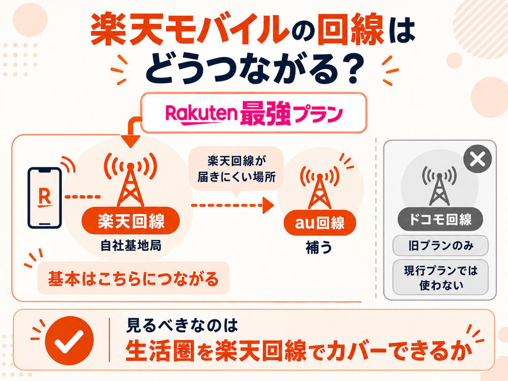 楽天モバイルは楽天回線が基本で、届きにくい場所をau回線が補う構造を示した図