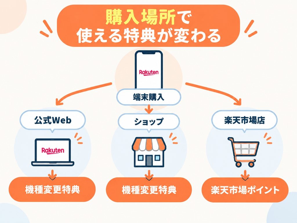楽天モバイルでは購入場所によって利用できる機種変更特典が異なることを示した図解