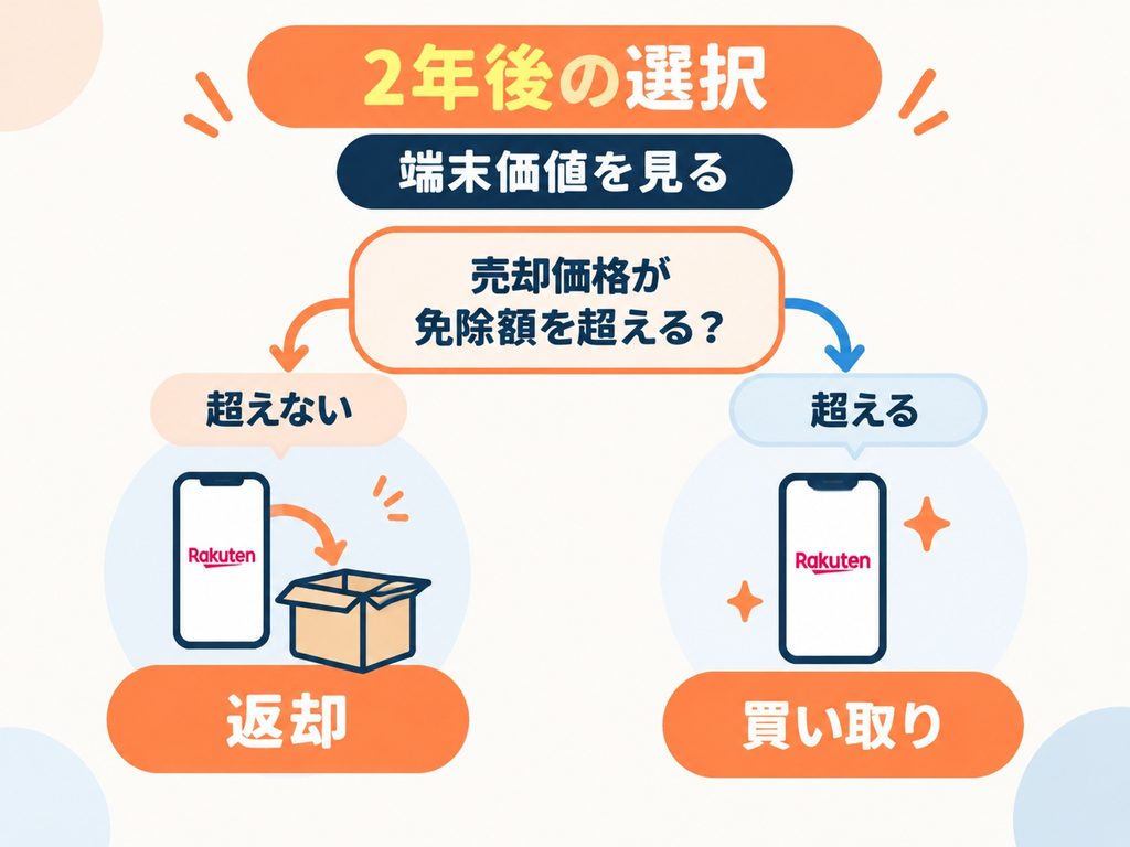 楽天モバイル買い替え超トクプログラムで返却か買い取りかを2年後の端末価値で判断する流れを示した図解