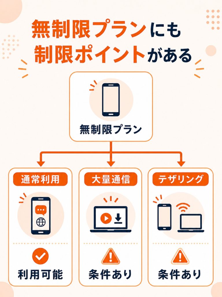 データ無制限プランでも制限されるポイントを示した図