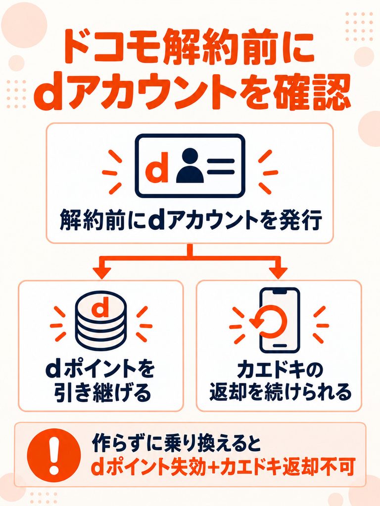 ドコモ解約前にdアカウントを用意し、dポイントとカエドキプログラムを引き継ぐ必要があることを示した注意図