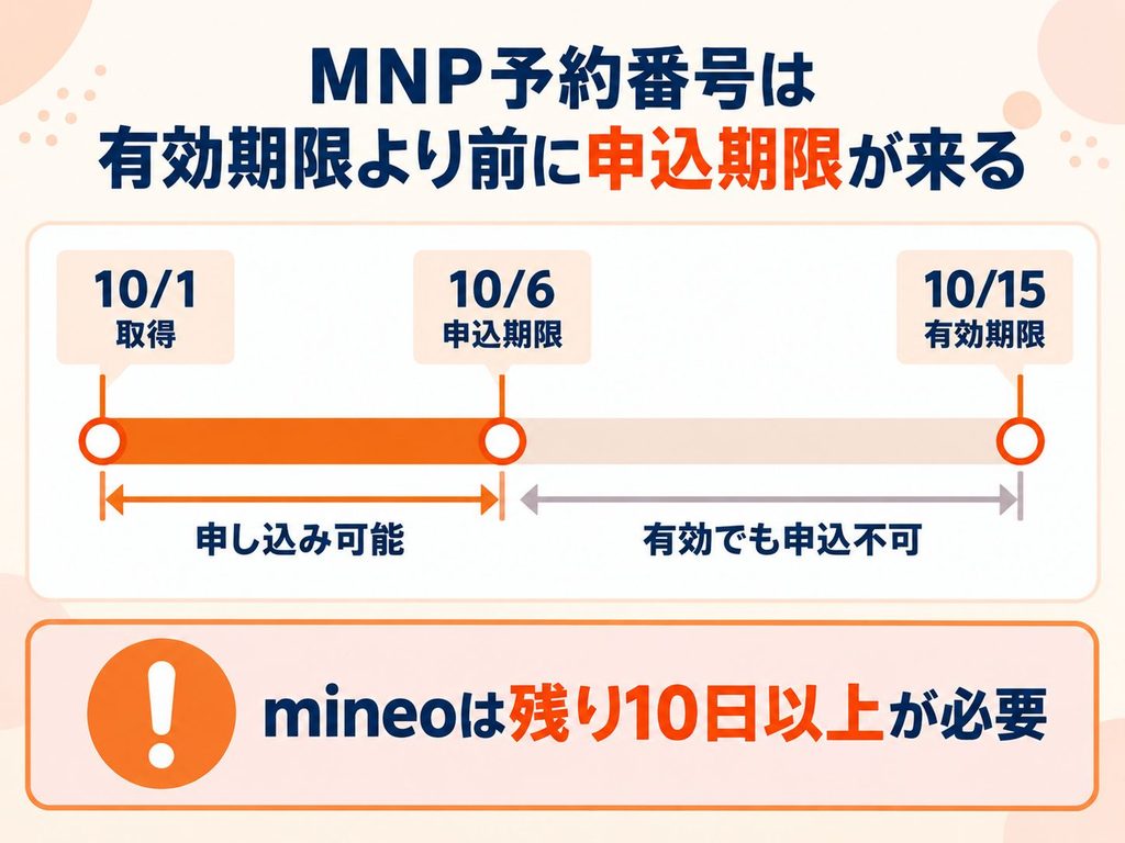 mineoのMNP予約番号を10月1日に取得した場合、15日まで有効でも、残り10日以上を確保できる6日までが申し込み期限となる。