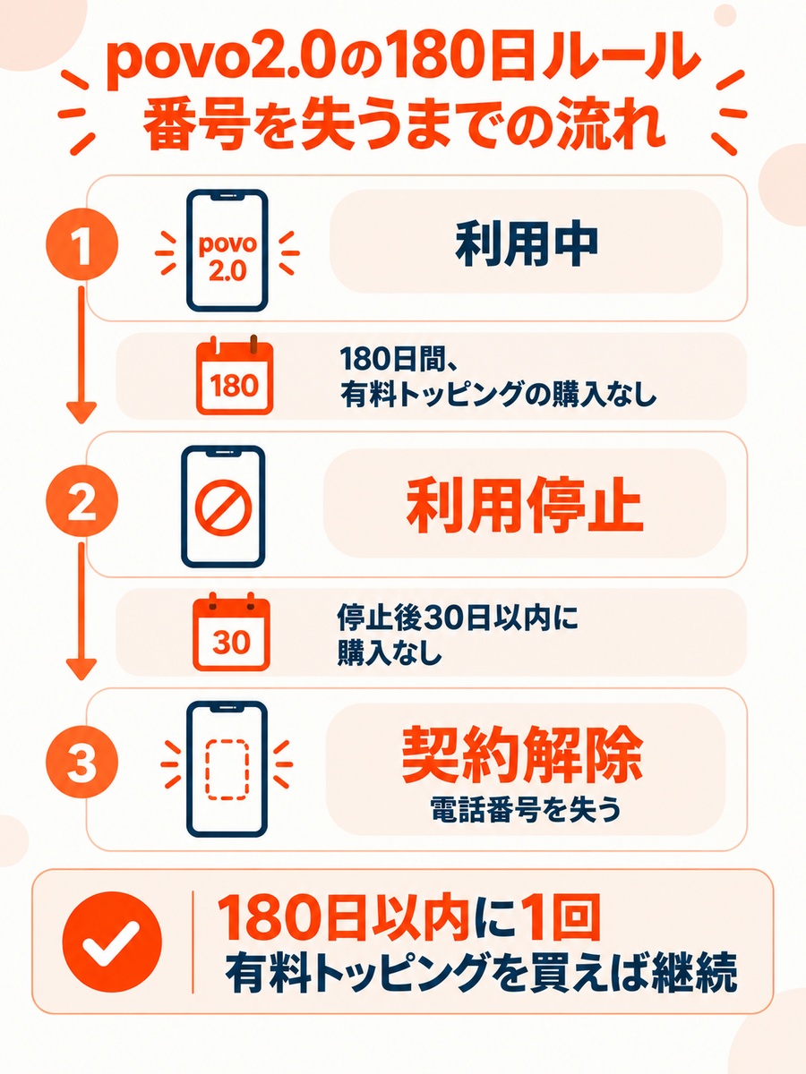 povo2.0の180日ルール。有料トッピングの購入がないと180日で利用停止になり、その後30日で契約解除となって電話番号を失う