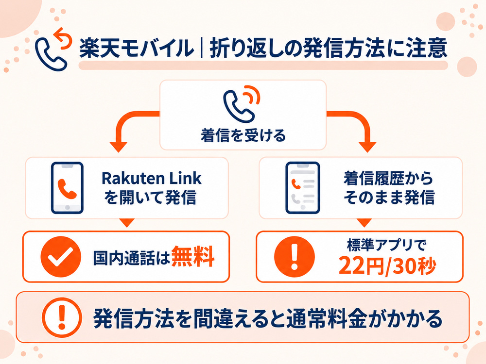 楽天モバイルの折り返しは、Rakuten Linkなら無料、着信履歴からは有料