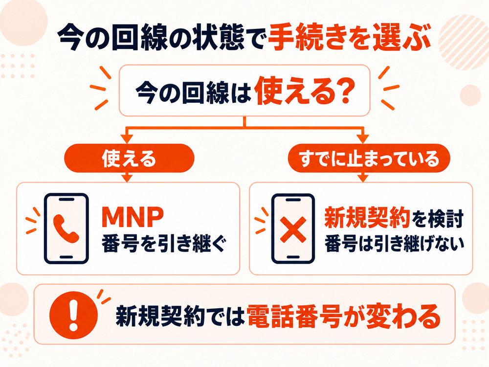 ワイモバイルへの移行は、今の回線が使える場合はMNP、すでに止まっている場合は新規契約を検討し、新規では電話番号が変わる。