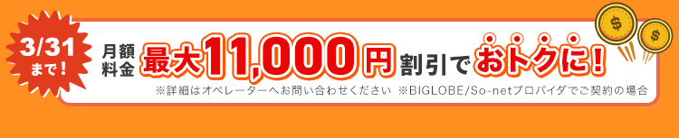 3/31まで！月額料金最大11000円割引でおトクに！※詳細はオペレーターへお問い合わせください。※BIGLOBE / So-netプロバイダでご契約の場合