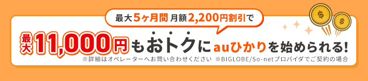 最大５ヶ月間月額2200円割引で最大11000円もおトクにauひかりを始められる！※詳細はオペレーターへお問い合わせください。※BIGLOBE / So-netプロバイダでご契約の場合