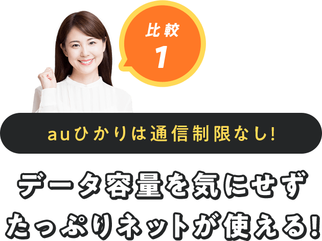 比較1 auひかりは通信制限なし! データ容量を気にせずたっぷりネットが使える!