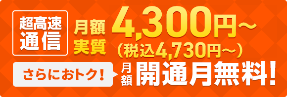 最大1Gbpsの超高速 月額4,300円(税込4,730円)台～ 今だけ月額最大1ヶ月間無料！